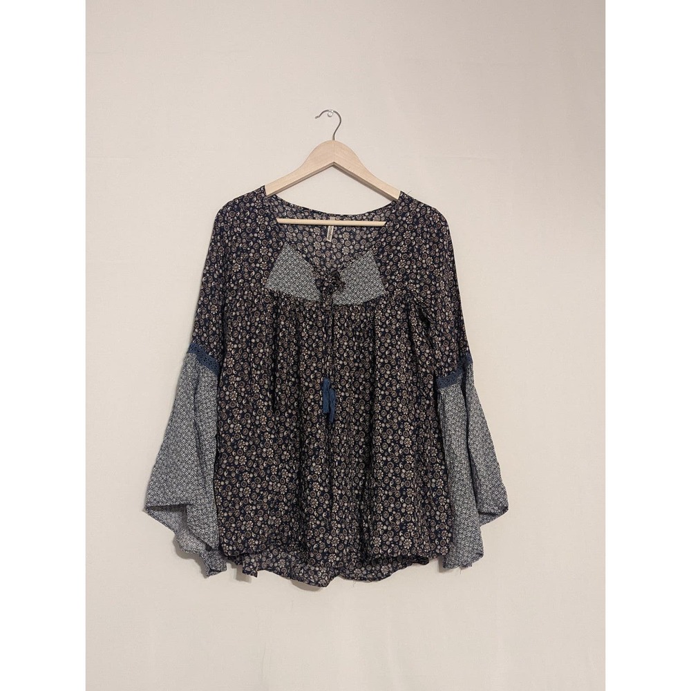 Mittoshop Bohemian Tunic Style Tie Blouse Bell Bottom Flare Sleeves women medium